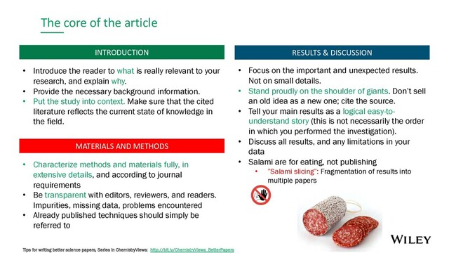 The core of the article
MATERIALS AND METHODS
INTRODUCTION
• Introduce the reader to what is really relevant to your
research, and explain why.
• Provide the necessary background information.
• Put the study into context. Make sure that the cited
literature reflects the current state of knowledge in
the field.
• Characterize methods and materials fully, in
extensive details, and according to journal
requirements
• Be transparent with editors, reviewers, and readers.
Impurities, missing data, problems encountered
• Already published techniques should simply be
referred to
RESULTS & DISCUSSION
• Focus on the important and unexpected results.
Not on small details.
• Stand proudly on the shoulder of giants. Don’t sell
an old idea as a new one; cite the source.
• Tell your main results as a logical easy-to-
understand story (this is not necessarily the order
in which you performed the investigation).
• Discuss all results, and any limitations in your
data
• Salami are for eating, not publishing
• ”Salami slicing”: Fragmentation of results into
multiple papers
Tips for writing better science papers, Series in ChemistryViews: http://bit.ly/ChemistryViews_BetterPapers
