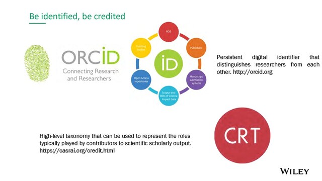 Be identified, be credited
Persistent digital identifier that
distinguishes researchers from each
other. http://orcid.org
High-level taxonomy that can be used to represent the roles
typically played by contributors to scientific scholarly output.
https://casrai.org/credit.html
