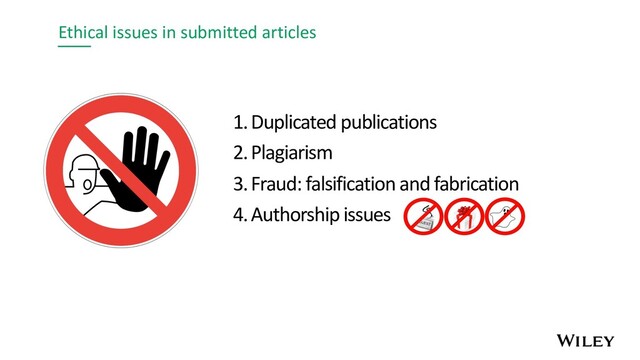 Ethical issues in submitted articles
1.Duplicated publications
2.Plagiarism
3.Fraud: falsification and fabrication
4.Authorship issues
