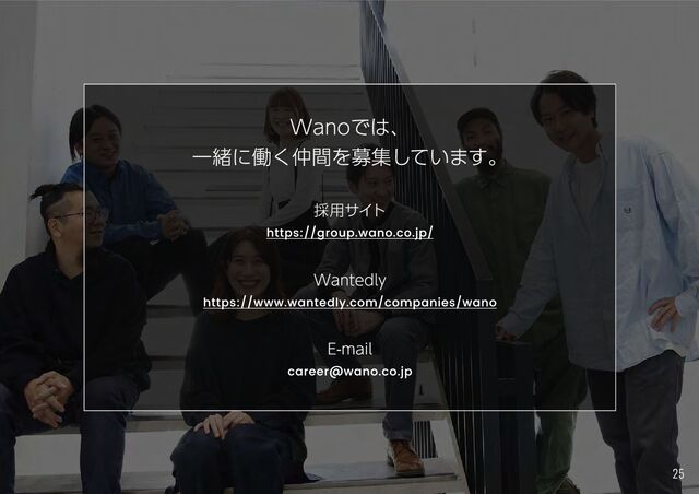 E-mail

career@wano.co.jp
Wantedly

https://www.wantedly.com/companies/wano
採用サイ
ト

https://group.wano.co.jp/
Wanoでは、

一緒に働く仲間を募集しています。
25
