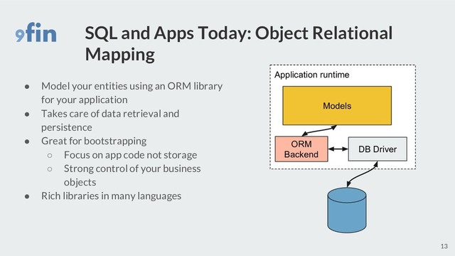 SQL and Apps Today: Object Relational
Mapping
● Model your entities using an ORM library
for your application
● Takes care of data retrieval and
persistence
● Great for bootstrapping
○ Focus on app code not storage
○ Strong control of your business
objects
● Rich libraries in many languages
13
Application runtime
Models
ORM
Backend
DB Driver
