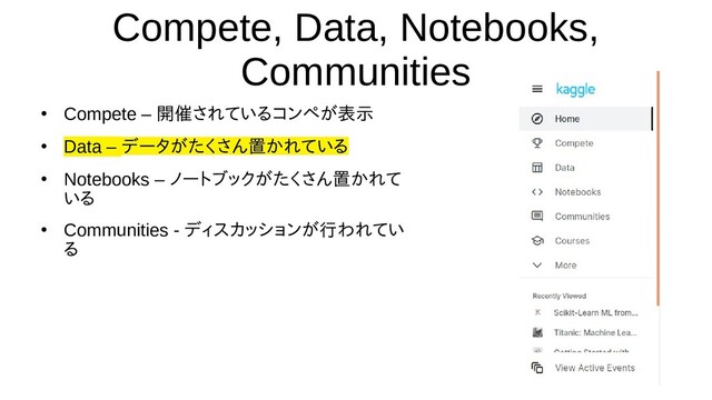 Compete, Data, Notebooks,
Communities
●
Compete – 開催されているコンされているデータをコンペが参加表示
●
Data – データをが参加たデータサイエンくさん置かれているデーかれているデータを
●
Notebooks – ノートしたデータサイブックがたくさん置かが参加たデータサイエンくさん置かれているデーかれて
いるデータを
●
Communities - ディスカッションが参加行われていわれてい
るデータを
