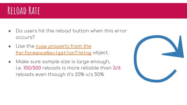 ↻
Reload Rate
● Do users hit the reload button when this error
occurs?
● Use the type property from the
PerformanceNavigationTiming object.
● Make sure sample size is large enough,
i.e. 100/500 reloads is more reliable than 3/6
reloads even though it’s 20% v/s 50%
