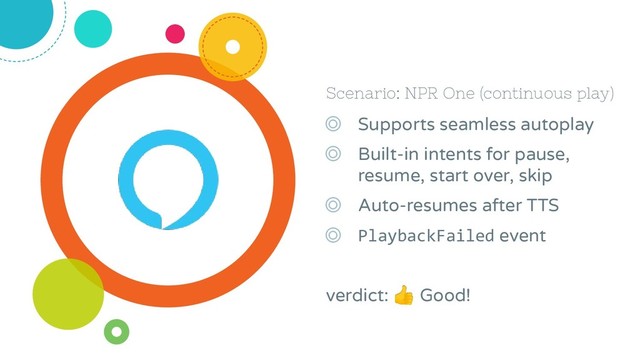 Scenario: NPR One (continuous play)
◎ Supports seamless autoplay
◎ Built-in intents for pause,
resume, start over, skip
◎ Auto-resumes after TTS
◎ PlaybackFailed event
verdict:  Good!
