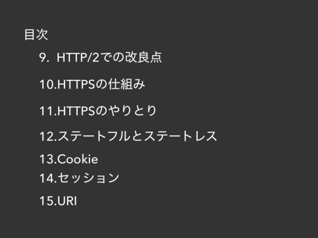 ໨࣍
9. HTTP/2Ͱͷվྑ఺
10.HTTPSͷ࢓૊Έ
11.HTTPSͷ΍ΓͱΓ
12.εςʔτϑϧͱεςʔτϨε
13.Cookie
14.ηογϣϯ
15.URI
