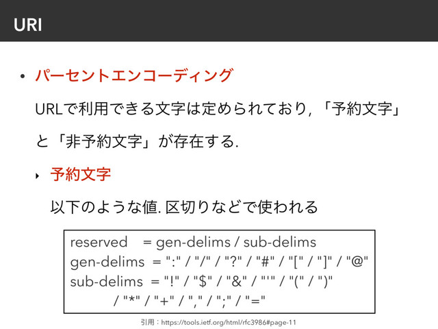 URI
• ύʔηϯτΤϯίʔσΟϯά 
URLͰར༻Ͱ͖Δจࣈ͸ఆΊΒΕ͓ͯΓ, ʮ༧໿จࣈʯ
ͱʮඇ༧໿จࣈʯ͕ଘࡏ͢Δ.
‣ ༧໿จࣈ 
ҎԼͷΑ͏ͳ஋. ۠੾ΓͳͲͰ࢖ΘΕΔ
reserved = gen-delims / sub-delims
gen-delims = ":" / "/" / "?" / "#" / "[" / "]" / "@"
sub-delims = "!" / "$" / "&" / "'" / "(" / ")"
/ "*" / "+" / "," / ";" / "="
Ҿ༻ɿhttps://tools.ietf.org/html/rfc3986#page-11
