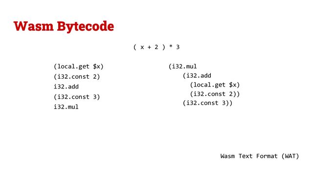 Wasm Bytecode
(local.get $x)
(i32.const 2)
i32.add
(i32.const 3)
i32.mul
(i32.mul
(i32.add
(local.get $x)
(i32.const 2))
(i32.const 3))
( x + 2 ) * 3
Wasm Text Format (WAT)
