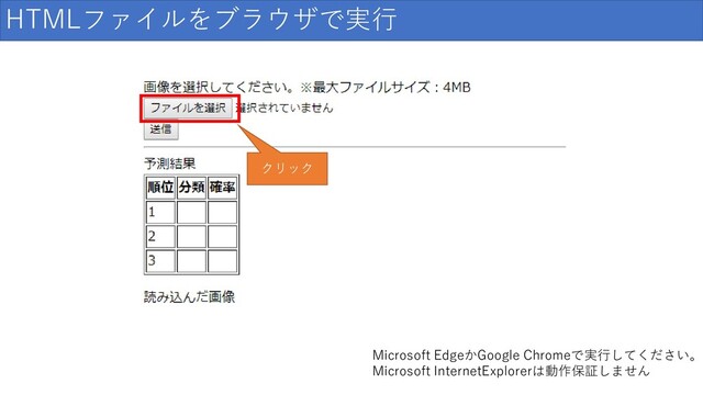 HTMLファイルをブラウザで実行
クリック
Microsoft EdgeかGoogle Chromeで実行してください。
Microsoft InternetExplorerは動作保証しません
