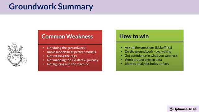 OptimiseOrDie
Groundwork Summary
Common Weakness
• Not doing the groundwork!
• Rapid models beat perfect models
• Not walking the tags
• Not mapping the GA data & journey
• Not ﬁguring out ‘the machine’
How to win
• Ask all the questions (kickoff list)
• Do the groundwork - everything
• Get conﬁdence in what you can trust
• Work around broken data
• Identify analytics holes or ﬁxes
