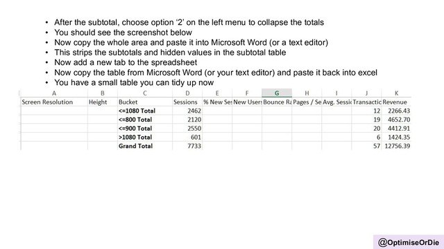 @OptimiseOrDie
• After the subtotal, choose option ‘2’ on the left menu to collapse the totals
• You should see the screenshot below
• Now copy the whole area and paste it into Microsoft Word (or a text editor)
• This strips the subtotals and hidden values in the subtotal table
• Now add a new tab to the spreadsheet
• Now copy the table from Microsoft Word (or your text editor) and paste it back into excel
• You have a small table you can tidy up now
