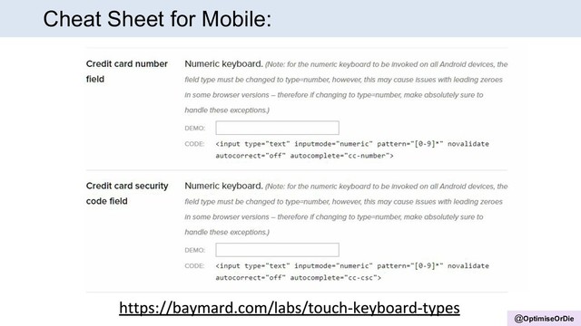 @OptimiseOrDie
Cheat Sheet for Mobile:
