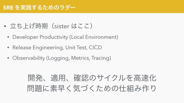 SRE Λ࣮ફ͢ΔͨΊͷϥμʔ
• ্ཱͪ͛࣌ظʢsister ͸͜͜ʣ


• Developer Productivity (Local Environment)


• Release Engineering, Unit Test, CICD


• Observability (Logging, Metrics, Tracing)


։ൃɺద༻ɺ֬ೝͷαΠΫϧΛߴ଎Խ


໰୊ʹૉૣ͘ؾͮͨ͘Ίͷ࢓૊Έ࡞Γ
