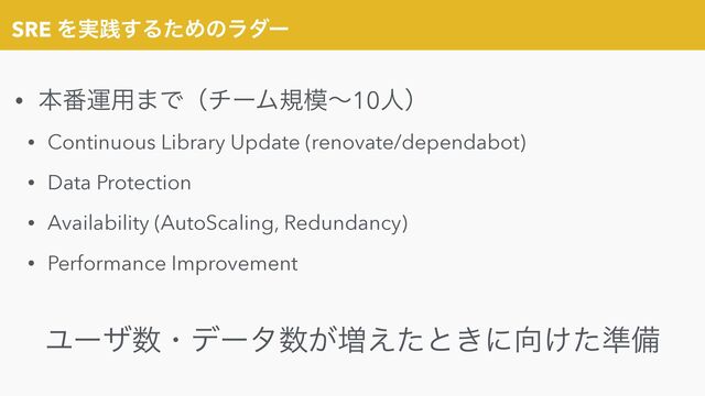 SRE Λ࣮ફ͢ΔͨΊͷϥμʔ
• ຊ൪ӡ༻·ͰʢνʔϜن໛ʙ10ਓʣ


• Continuous Library Update (renovate/dependabot)


• Data Protection


• Availability (AutoScaling, Redundancy)


• Performance Improvement


Ϣʔβ਺ɾσʔλ਺͕૿͑ͨͱ͖ʹ޲͚ͨ४උ
