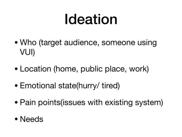 Ideation
•Who (target audience, someone using
VUI)

•Location (home, public place, work) 

•Emotional state(hurry/ tired)

•Pain points(issues with existing system)

•Needs
