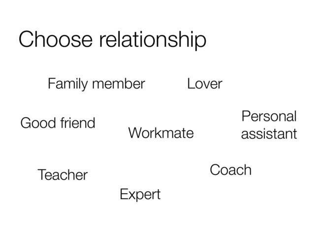 Choose relationship
Family member
Personal
assistant
Expert
Good friend
Lover
Teacher
Workmate
Coach
