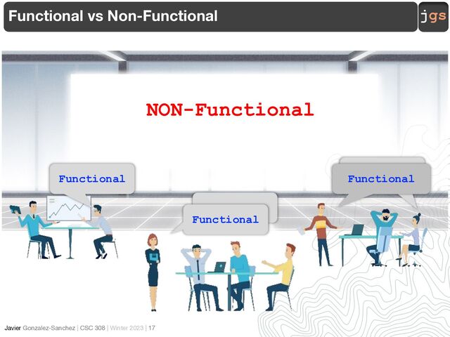 jgs
Javier Gonzalez-Sanchez | CSC 308 | Winter 2023 | 17
Functional vs Non-Functional
NON-Functional
Functional
Functional
Functional

