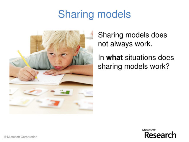 © Microsoft Corporation
Sharing models
Sharing models does
not always work.
In what situations does
sharing models work?
