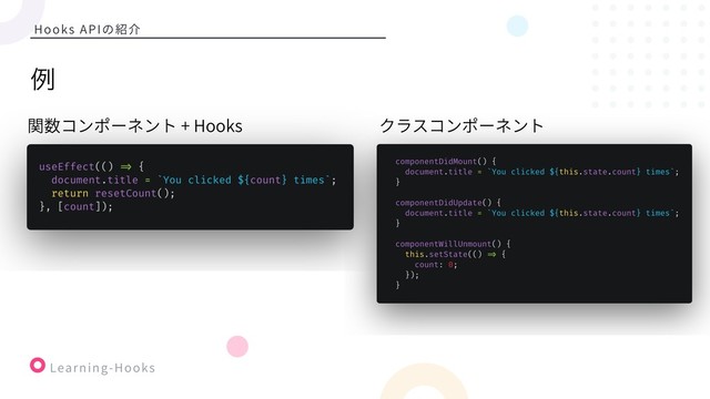 Learning-Hooks
Hooks APIの紹介
ྫ
関数コンポーネント + Hooks クラスコンポーネント
