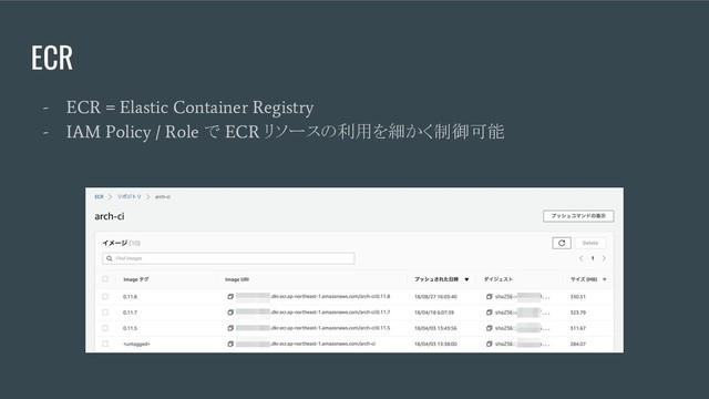 ECR
- ECR = Elastic Container Registry
- IAM Policy / Role
で
ECR
リソースの利用を細かく制御可能

