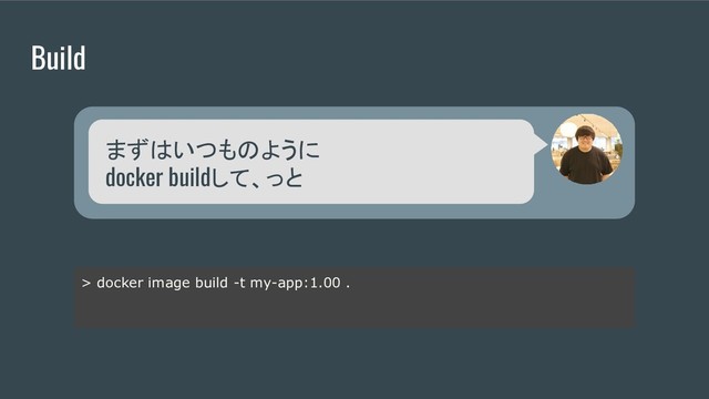 Build
> docker image build -t my-app:1.00 .
まずはいつものように
docker buildして、っと
