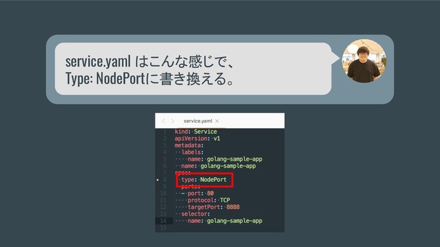 service.yaml はこんな感じで、
Type: NodePortに書き換える。
