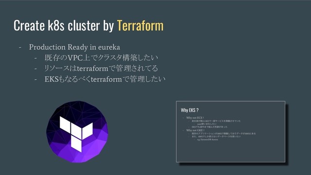 Create k8s cluster by Terraform
- Production Ready in eureka
-
既存の
VPC
上でクラスタ構築したい
-
リソースは
terraform
で管理されてる
- EKS
もなるべく
terraform
で管理したい
