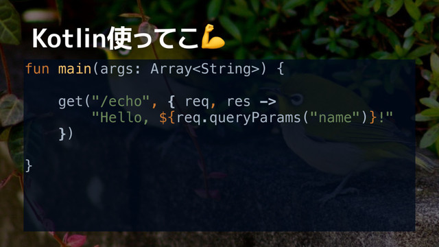 Kotlin使ってこ
fun main(args: Array) { 
 
get("/echo", { req, res -> 
"Hello, ${req.queryParams("name")}!" 
}) 
 
} 
