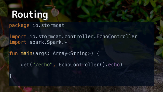 Routing
package io.stormcat 
 
import io.stormcat.controller.EchoController 
import spark.Spark.* 
 
fun main(args: Array) { 
 
get("/echo", EchoController().echo) 
 
} 
