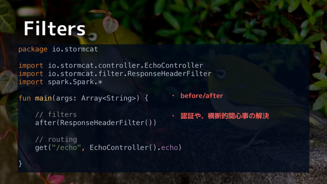 Filters
package io.stormcat 
 
import io.stormcat.controller.EchoController 
import io.stormcat.filter.ResponseHeaderFilter 
import spark.Spark.* 
 
fun main(args: Array) { 
 
// filters 
after(ResponseHeaderFilter()) 
 
// routing 
get("/echo", EchoController().echo) 
 
} 
‣ before/after
‣ 認証や、横断的関心事の解決
