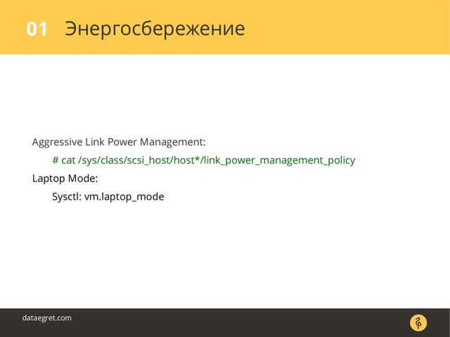 Энергосбережение
01
dataegret.com
Aggressive Link Power Management:
# cat /sys/class/scsi_host/host*/link_power_management_policy
Laptop Mode:
Sysctl: vm.laptop_mode

