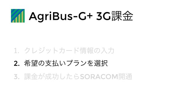 AgriBus-G+ 3G՝ۚ
 ΫϨδοτΧʔυ৘ใͷೖྗ
2. ر๬ͷࢧ෷͍ϓϥϯΛબ୒
3. ՝͕ۚ੒ޭͨ͠ΒSORACOM։௨

