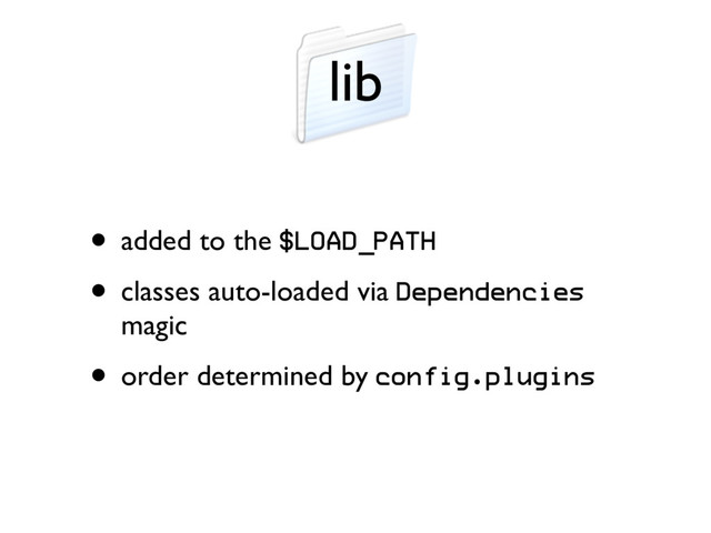 lib
• added to the $LOAD_PATH
• classes auto-loaded via Dependencies
magic
• order determined by config.plugins
