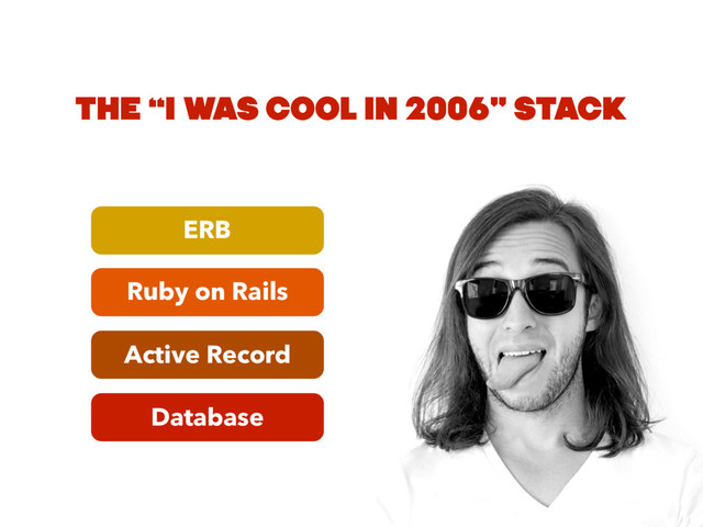 Database
Active Record
Ruby on Rails
ERB
THE “I WAS COOL IN 2006" STACK
