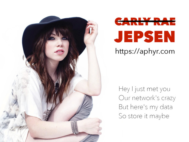 CARLY RAE
JEPSEN
https://aphyr.com
Hey I just met you
Our network's crazy
But here's my data
So store it maybe
