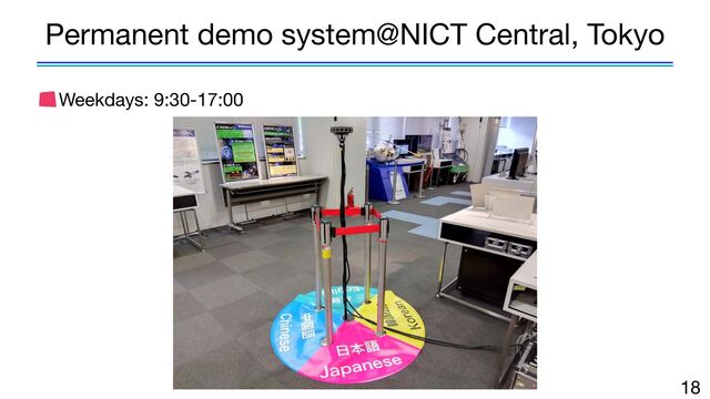 Weekdays: 9:30-17:00
18
Permanent demo system@NICT Central, Tokyo
