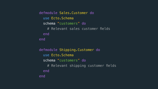 defmodule Sales.Customer do 
use Ecto.Schema
schema “customers” do 
# Relevant sales customer ﬁelds 
end 
end
defmodule Shipping.Customer do 
use Ecto.Schema
schema “customers” do 
# Relevant shipping customer ﬁelds 
end 
end
