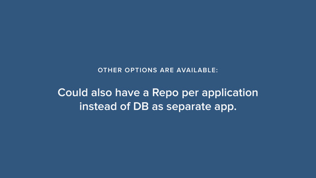 Could also have a Repo per application
instead of DB as separate app.
OTHER OPTIONS ARE AVAILABLE:
