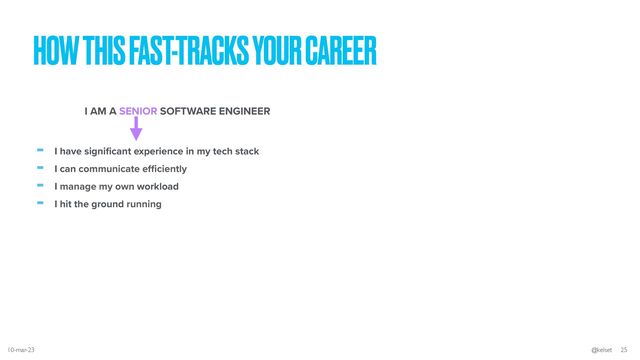 HOW THIS FAST-TRACKS YOUR CAREER
- I have signi
fi
cant experience in my tech stack


- I can communicate e
ffi
ciently


- I manage my own workload


- I hit the ground running
I AM A SENIOR SOFTWARE ENGINEER
10-mar-23 @kelset 25

