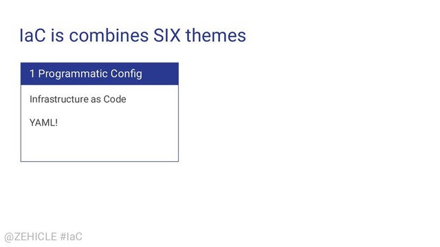 @ZEHICLE #IaC
IaC is combines SIX themes
1 Programmatic Conﬁg
Infrastructure as Code
YAML!
