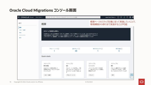 Oracle Cloud Migrations コンソール画面
11/9/2022
Copyright © 2022, Oracle and/or its affiliates
10
概要ページのステップ記載に従って実施していくことで、
環境構築から移行まで実施することが可能
