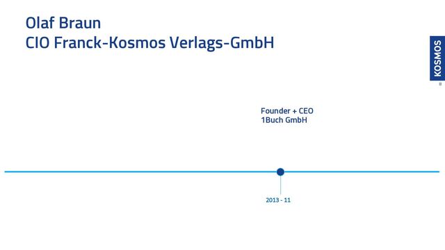 Olaf Braun
CIO Franck-Kosmos Verlags-GmbH
8
2013 - 11
Founder + CEO
1Buch GmbH
