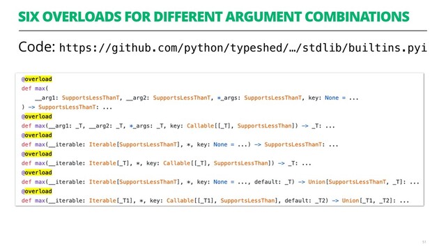 SIX OVERLOADS FOR DIFFERENT ARGUMENT COMBINATIONS
Code: https://github.com/python/typeshed/…/stdlib/builtins.pyi
51
