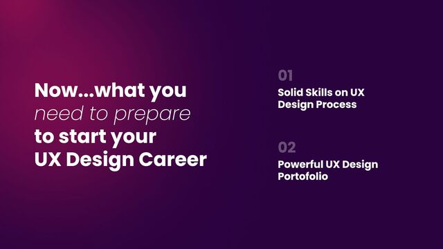 Now...what you  
need to prepare
to start your 

UX Design Career
Solid Skills on UX
Design Process
Powerful UX Design
Portofolio
