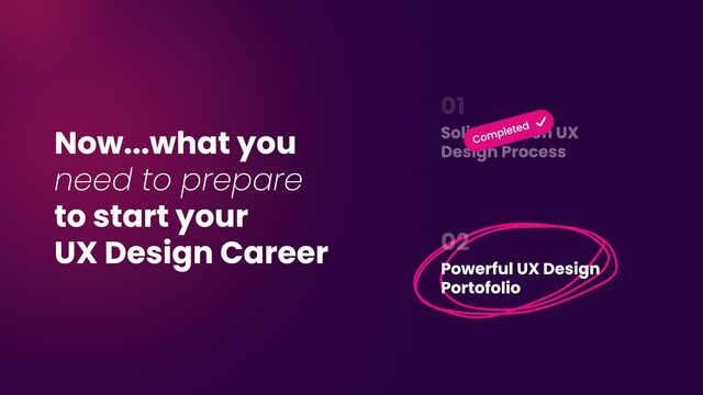 Now...what you  
need to prepare
to start your 

UX Design Career
Solid Skills on UX
Design Process
Powerful UX Design
Portofolio
Completed
