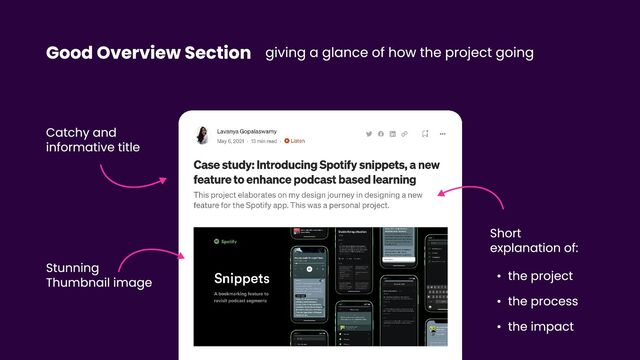 Good Overview Section giving a glance of how the project going
Catchy and
informative title
Short
explanation ofY
Q the projecX
Q the procesV
Q the impact
Stunning
Thumbnail image
