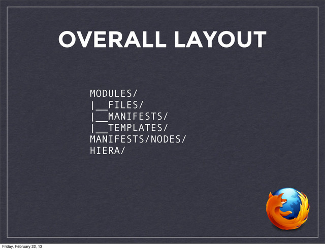 OVERALL LAYOUT
MODULES/
|__FILES/
|__MANIFESTS/
|__TEMPLATES/
MANIFESTS/NODES/
HIERA/
Friday, February 22, 13
