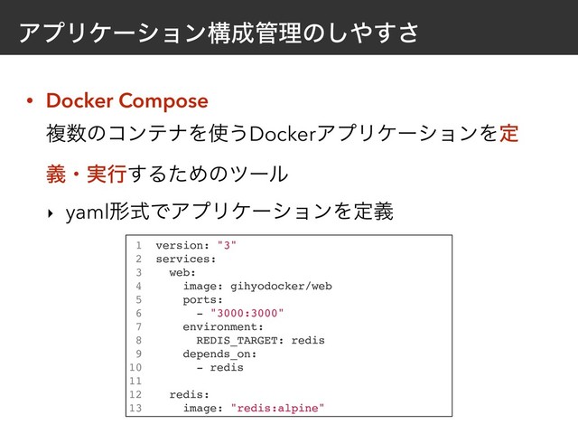 ΞϓϦέʔγϣϯߏ੒؅ཧͷ͠΍͢͞
• Docker Compose 
ෳ਺ͷίϯςφΛ࢖͏DockerΞϓϦέʔγϣϯΛఆ
ٛɾ࣮ߦ͢ΔͨΊͷπʔϧ
‣ yamlܗࣜͰΞϓϦέʔγϣϯΛఆٛ
1 version: "3"
2 services:
3 web:
4 image: gihyodocker/web
5 ports:
6 - "3000:3000"
7 environment:
8 REDIS_TARGET: redis
9 depends_on:
10 - redis
11
12 redis:
13 image: "redis:alpine"
