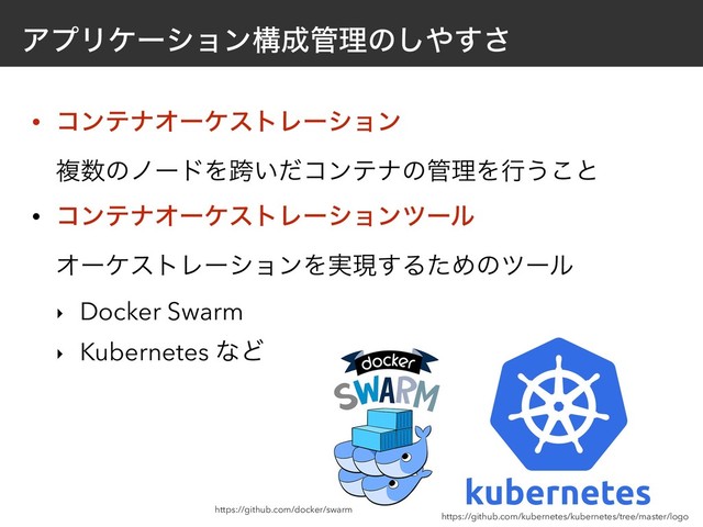 ΞϓϦέʔγϣϯߏ੒؅ཧͷ͠΍͢͞
• ίϯςφΦʔέετϨʔγϣϯ 
ෳ਺ͷϊʔυΛލ͍ͩίϯςφͷ؅ཧΛߦ͏͜ͱ
• ίϯςφΦʔέετϨʔγϣϯπʔϧ 
ΦʔέετϨʔγϣϯΛ࣮ݱ͢ΔͨΊͷπʔϧ
‣ Docker Swarm
‣ Kubernetes ͳͲ
https://github.com/docker/swarm
https://github.com/kubernetes/kubernetes/tree/master/logo
