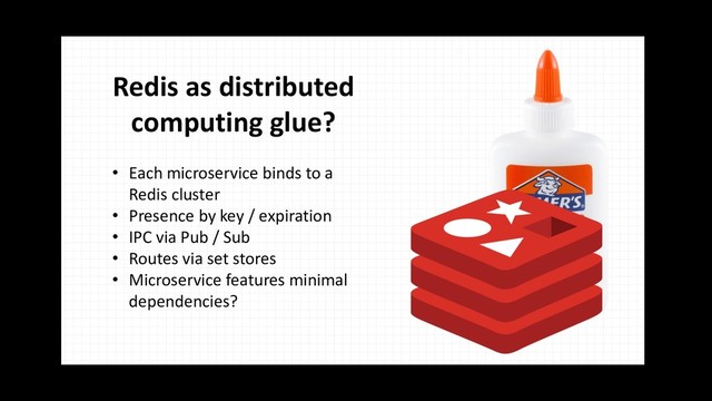 Redis as distributed
computing glue?
• Each microservice binds to a
Redis cluster
• Presence by key / expiration
• IPC via Pub / Sub
• Routes via set stores
• Microservice features minimal
dependencies?
