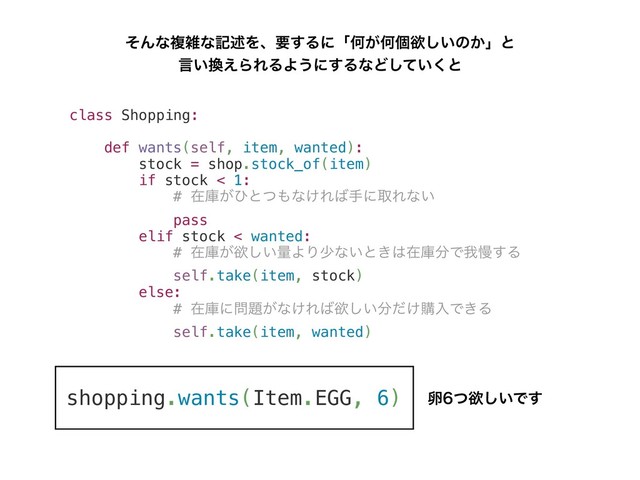 class Shopping:
def wants(self, item, wanted):
stock = shop.stock_of(item)
if stock < 1:
# ࡏݿ͕ͻͱͭ΋ͳ͚Ε͹खʹऔΕͳ͍
pass
elif stock < wanted:
# ࡏݿ͕ཉ͍͠ྔΑΓগͳ͍ͱ͖͸ࡏݿ෼Ͱզຫ͢Δ
self.take(item, stock)
else:
# ࡏݿʹ໰୊͕ͳ͚Ε͹ཉ͍͠෼͚ͩߪೖͰ͖Δ
self.take(item, wanted)
ͦΜͳෳࡶͳهड़Λɺཁ͢ΔʹʮԿ͕Կݸཉ͍͠ͷ͔ʯͱ
ݴ͍׵͑ΒΕΔΑ͏ʹ͢ΔͳͲ͍ͯ͘͠ͱ
shopping.wants(Item.EGG, 6) ཛͭཉ͍͠Ͱ͢
